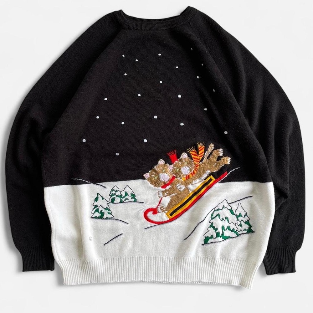 Vintage Cyn Les Shirlee Designs Cute Cats Kittens Embroidered Christmas Sweater